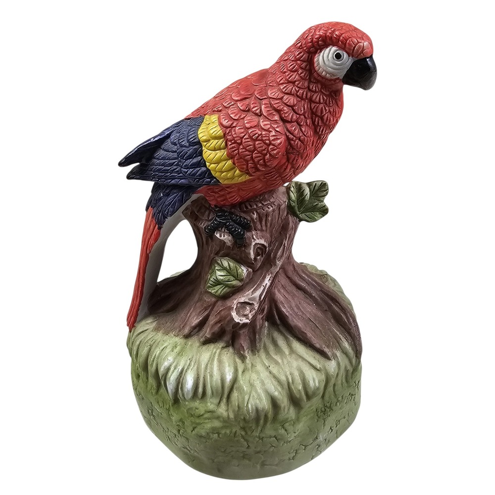 Vintage UCC Ceramic Scarlet Macaw Parrot Music Box Sankyo Taiwan Tropical Decor